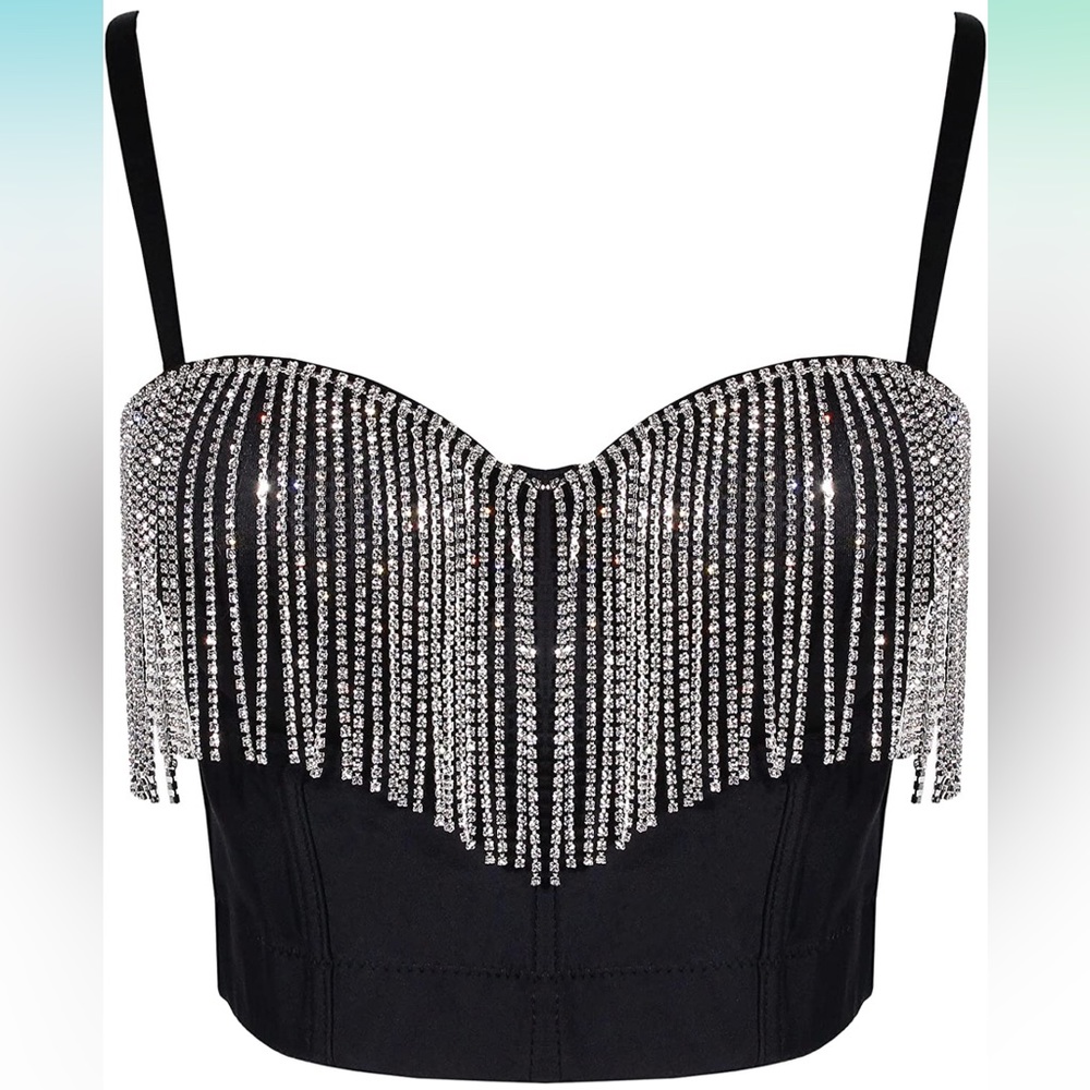 Black Rhinestone Fringe Bustier Top